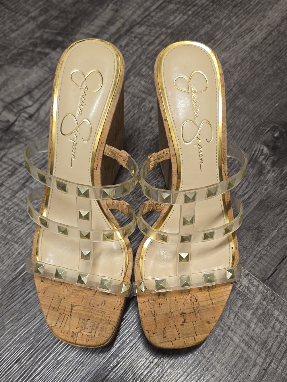 Jessica Simpson Clear Stud Cork Wedge Sandals - Beige/Cork